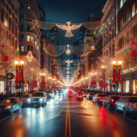 Christmas lights and decorations on the streets of Boston, Massachusetts, USA.の素材