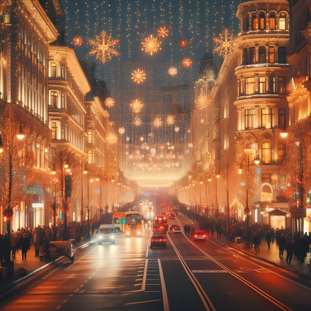 London street view with christmas decorations and lights at night, UKの素材