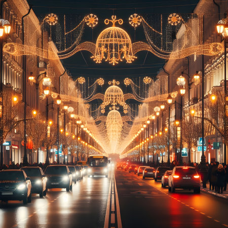 Christmas lights on the streets of the city in Moscow, Russia.の素材