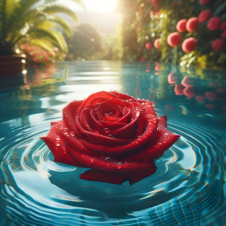 Beautiful red rose floating on water in swimming pool with sun flareの素材