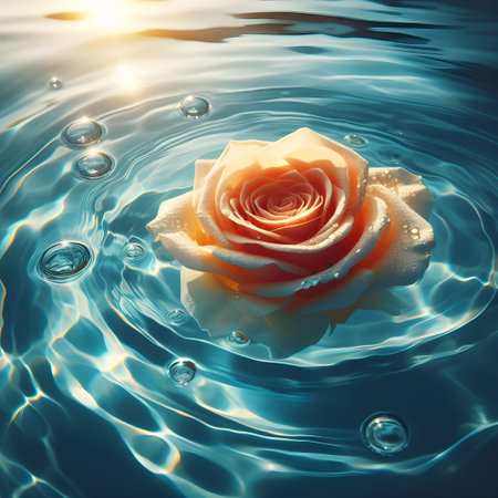 Beautiful white rose on rippled water background. 3d renderingの素材
