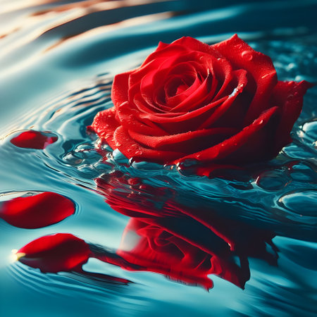 Beautiful red rose on the water surface with drops of water.の素材