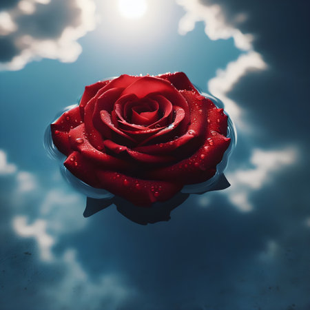 Red rose floating on water surface with blue sky and clouds background.の素材