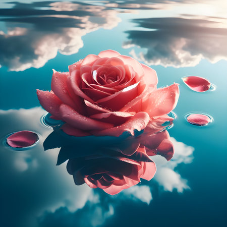 Beautiful red rose on water surface with clouds reflected in water.の素材
