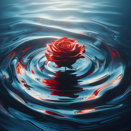 Red rose on rippled water surface. 3D illustration.の素材