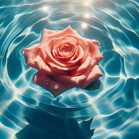 Beautiful red rose floating on the water surface. 3d renderingの素材