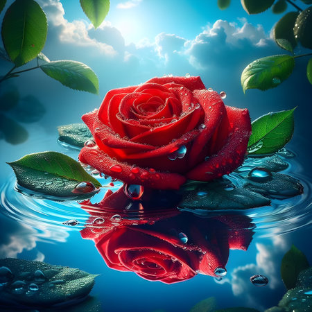 Beautiful red rose with water drops on the water surface. Nature background.の素材