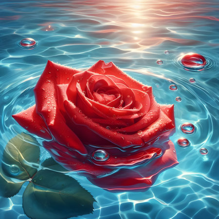 Red rose with water drops on blue water surface. 3d renderの素材