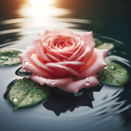 Beautiful pink rose with water drops on the surface of the waterの素材