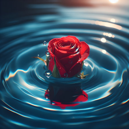 Red rose on water surface with drop of water. Valentines day concept.の素材