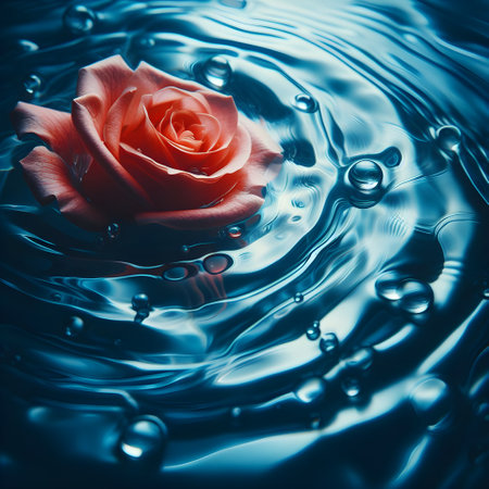 Beautiful red rose on water surface with ripples. Toned.の素材