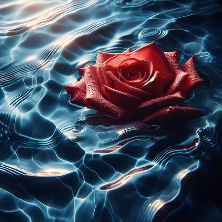 Beautiful red rose on the water surface with ripples. Toned.の素材