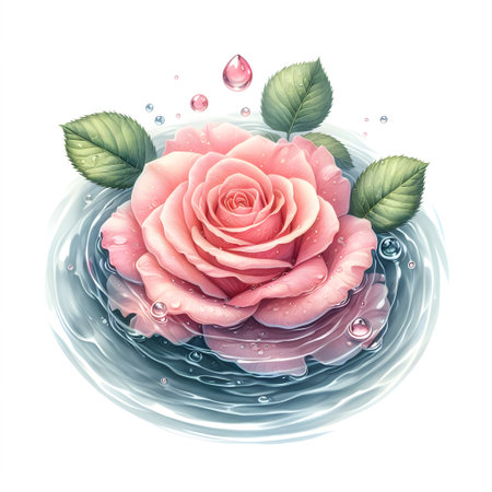 Beautiful pink rose with water drops on white background. Vector illustration.の素材