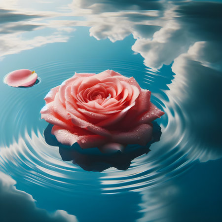 Beautiful pink rose floating on water surface with clouds reflected in itの素材