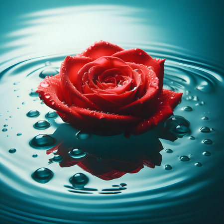 Beautiful red rose on water surface. Shallow depth of fieldの素材
