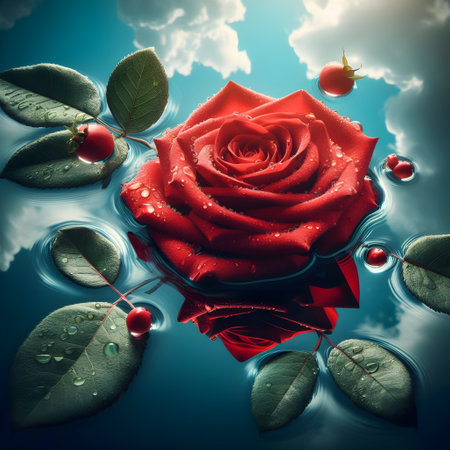 Beautiful red rose with water drops on the background of blue skyの素材