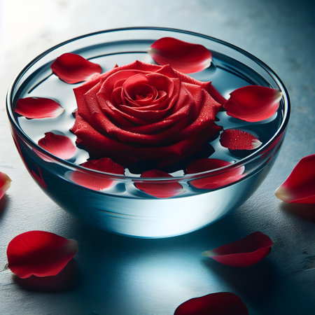 Red rose in a glass bowl with petals on a gray backgroundの素材