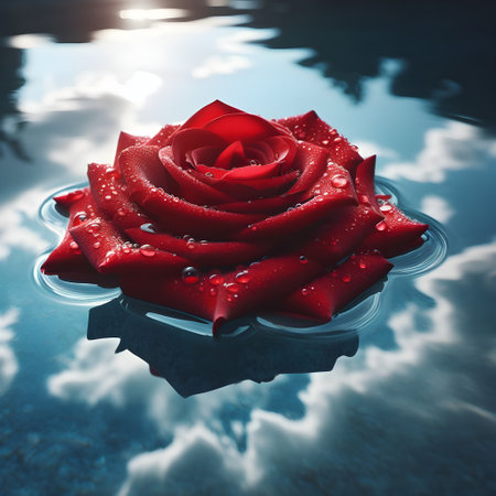 Red rose with water drops on blue background. 3d illustration.の素材