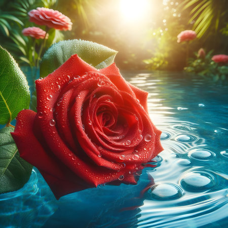 Beautiful red rose on the blue water surface with sunlight background.の素材