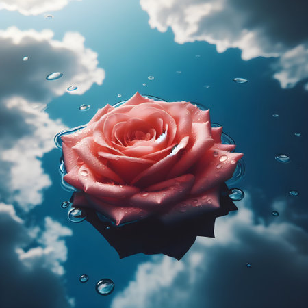 Beautiful red rose on a blue background with water drops and cloudsの素材