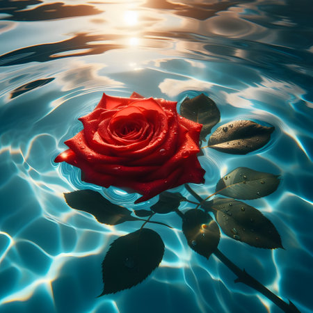 Beautiful red rose on the water surface. 3d rendering.の素材