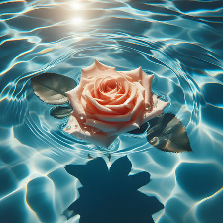 Beautiful rose floating in the water with sun rays. 3d renderingの素材