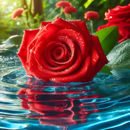 Beautiful red rose with water drops on the surface of the waterの素材