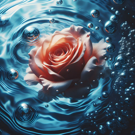 Beautiful rose on blue water surface with bubbles. Close up.の素材
