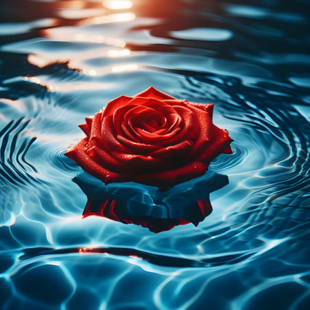 Red rose floating on water surface with sun rays. Romantic background.の素材