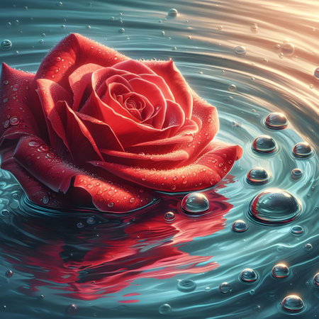 Beautiful red rose with water drops on the water surface. 3d renderingの素材