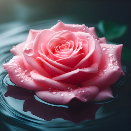 Beautiful pink rose with water drops on the surface of the waterの素材