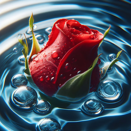 Red rose with water drops on blue background. Valentines day concept.の素材