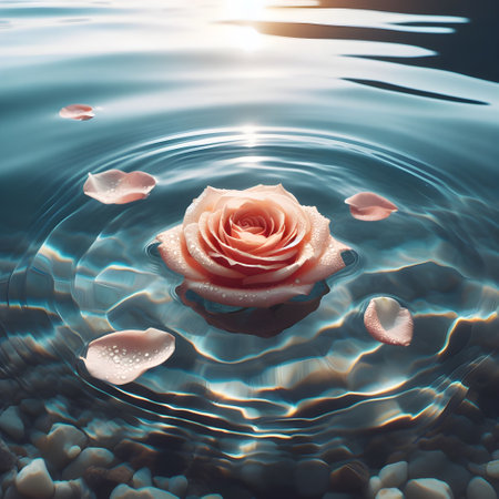 Beautiful rose floating in the water. 3d rendering, 3d illustration.の素材