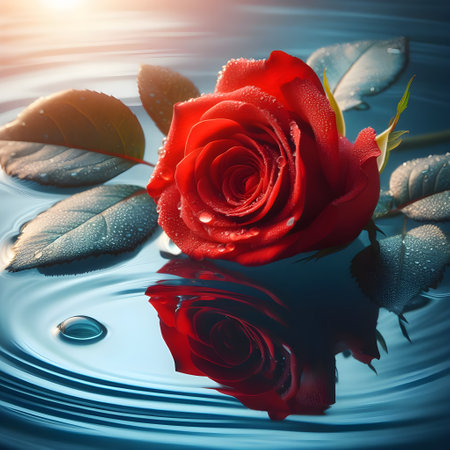 Beautiful red rose with water drops on the surface of the waterの素材
