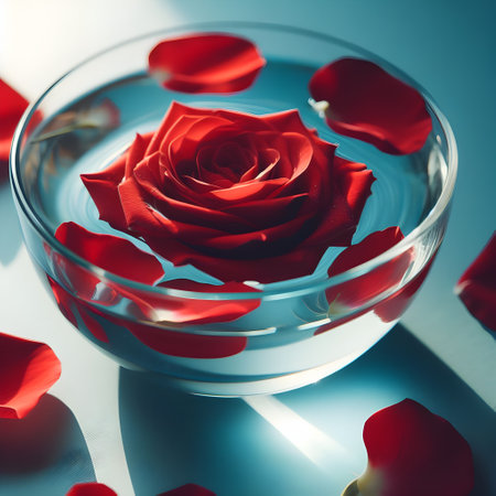 Red rose in a glass bowl with petals on a blue backgroundの素材