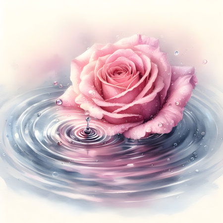 pink rose in water with drops and ripples, digital paintingの素材