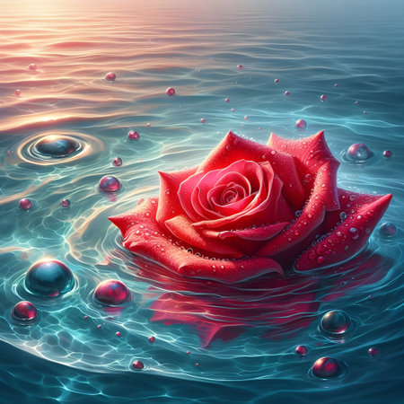 Red rose on water with drops. 3d rendering, illustration.の素材