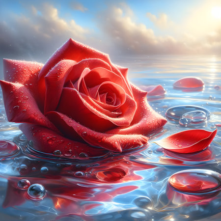 Beautiful red rose on water surface with drops and sky background.の素材