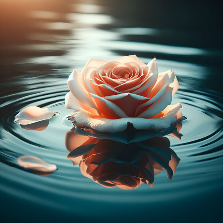 Beautiful white rose on the water surface with reflection. Toned.の素材