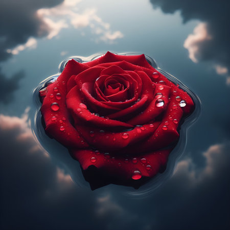 Red rose with water drops on the surface of the water, 3d illustrationの素材