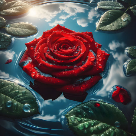 beautiful red rose with water drops on the surface of the waterの素材