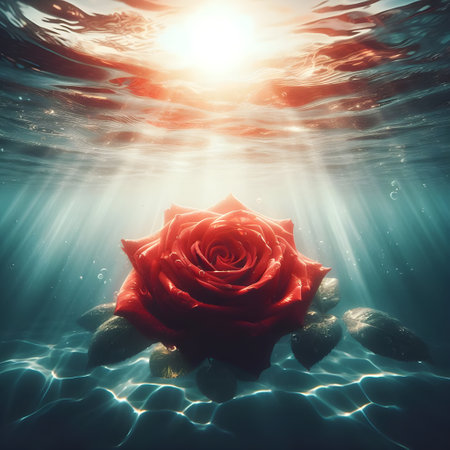 Red rose floating in the sea. 3d render. Underwater scene.の素材