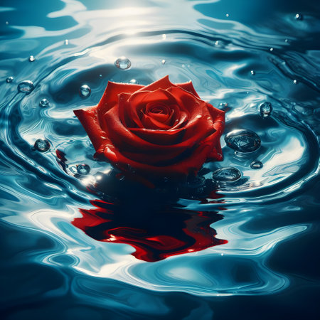 Beautiful red rose on water surface with ripples and waves.の素材