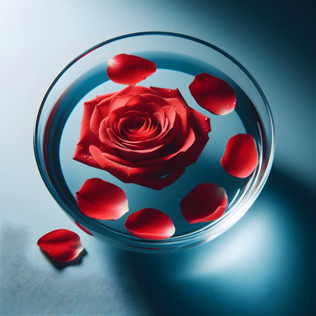 Red rose petals in a glass vase on blue background.の素材