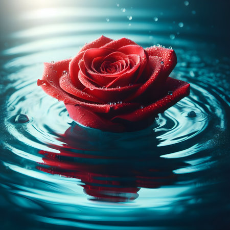 Beautiful red rose on water surface with ripples, closeupの素材