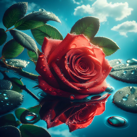 beautiful red rose on a background of blue sky and water dropsの素材