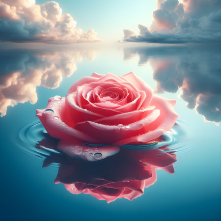 beautiful pink rose on water surface with clouds reflected in the waterの素材