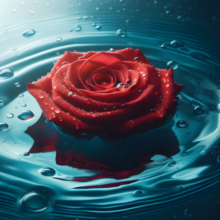 Beautiful red rose with water drops on the surface of the waterの素材