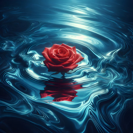 Red rose reflected in the rippled water. 3d illustrationの素材