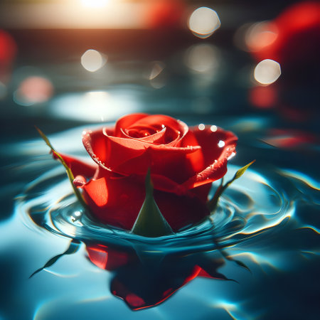 Beautiful red rose on water surface with bokeh background.の素材